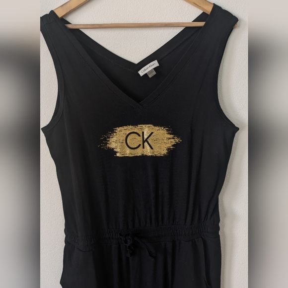 Calvin Klein Women's Logo Jumpsuit Romper Drawstring, size L, black/gold - Picture 4 of 9